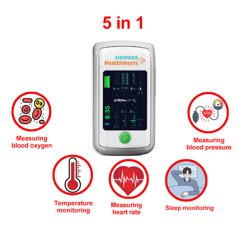 5 in 1 (misurazione non invasiva dell'ossigeno nel sangue + frequenza cardiaca + pressione sanguigna + monitoraggio del sonno + monitoraggio della temperatura corporea)