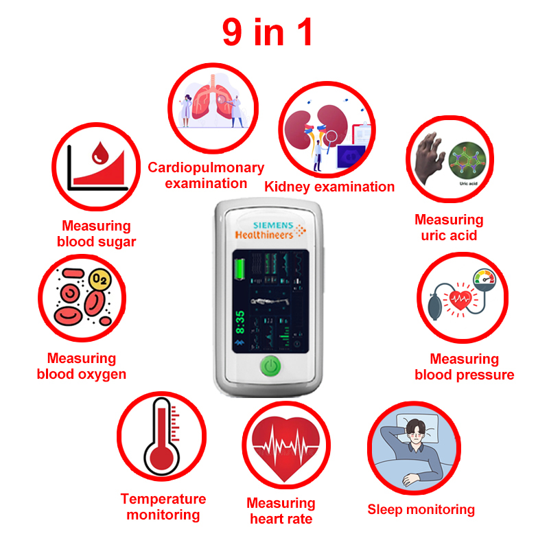 9 in 1 (misurazione non invasiva della glicemia + acido urico + ossigeno nel sangue + frequenza cardiaca + pressione arteriosa + monitoraggio del sonno + monitoraggio della temperatura corporea + esame cardiopolmonare + esame dei reni)