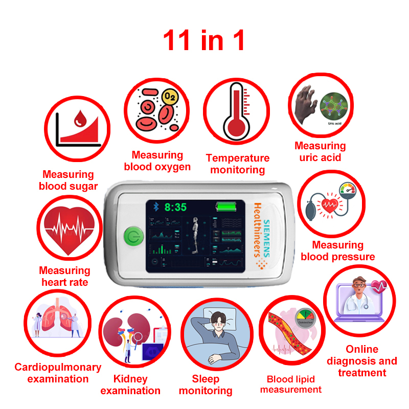 11 in 1 (misurazione non invasiva della glicemia + acido urico + ossigeno nel sangue + frequenza cardiaca + pressione sanguigna + monitoraggio del sonno + monitoraggio della temperatura corporea + esame cardiopolmonare + esame dei reni + misurazione dei lipidi nel sangue + diagnosi e trattamento online)